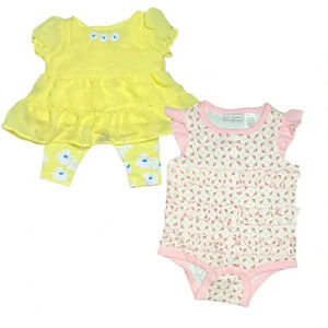 Outfit Bundle! - Yellow Dress Set & Pink Floral Romper, 0-3 Months